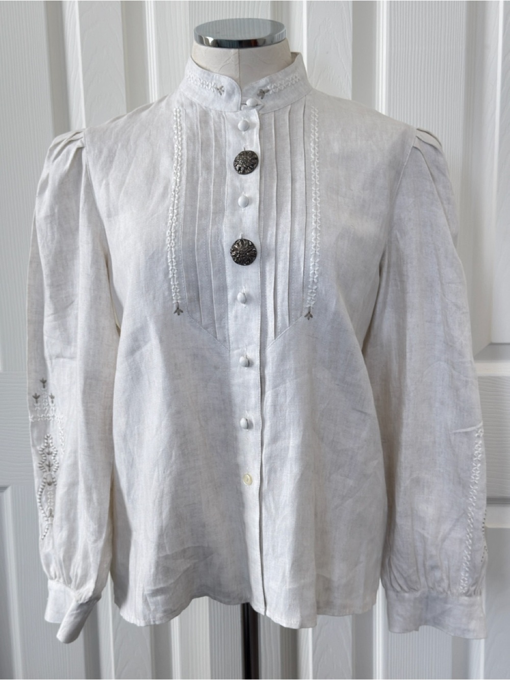 Vintage Landhaus Alpine Dirndl Cottagecore Folk Linen Pleated Top EU 38 US 8